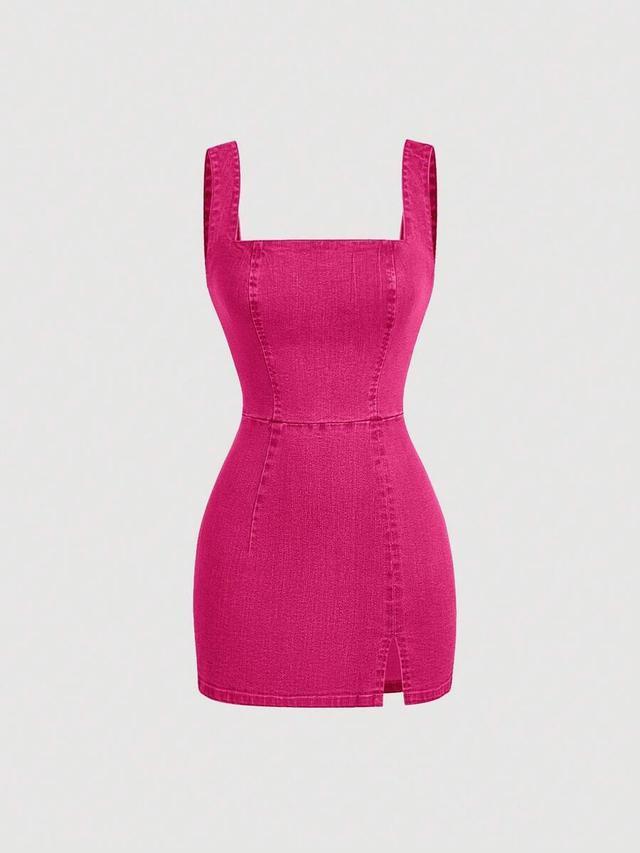 fuchsia washed denim sleeveless slit mini dress
