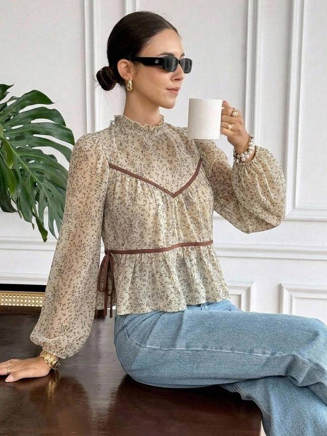 beige ditsy floral peplum blouse with contrast binding