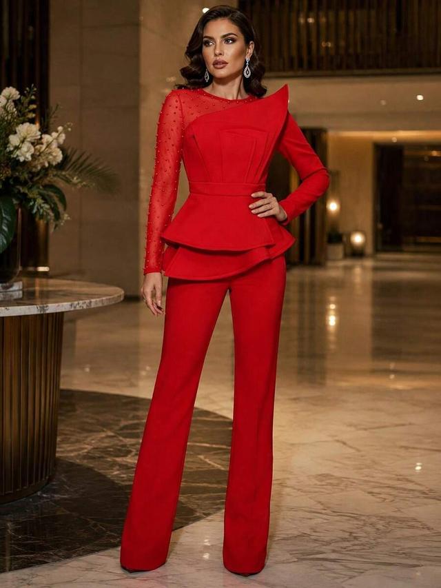 red velvet pearl beaded one shoulder peplum jumpsuit