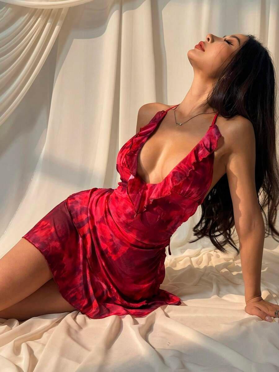 red tie-dye halter mini dress with ruffled trim