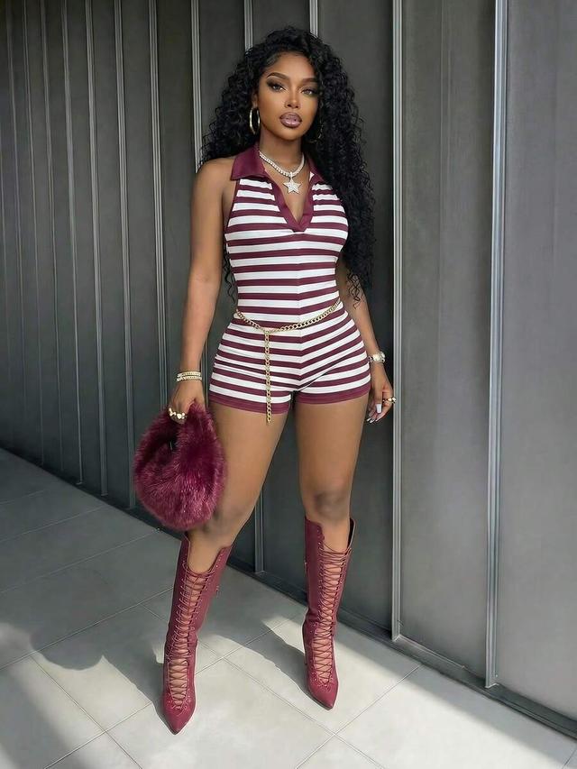 burgundy and white striped sleeveless plunge neck romper