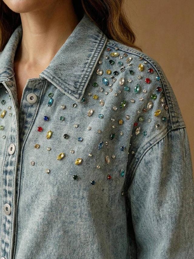 vintage distressed light blue denim shirt with rhinestone embellishments