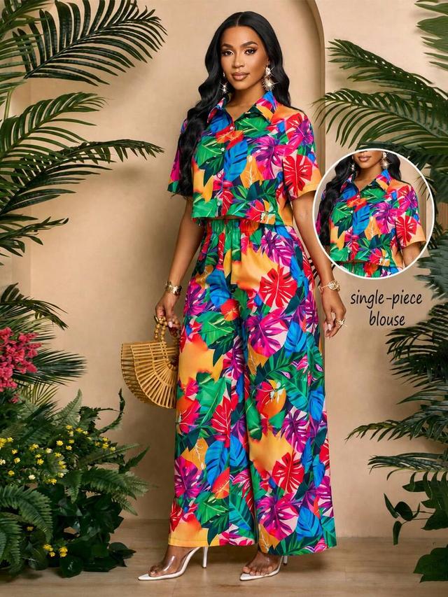 tropical print single-breasted cropped blouse with flared sleeves