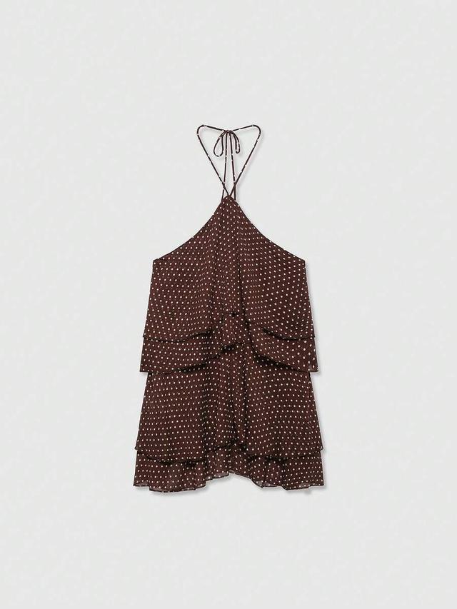 brown polka dot layered halter neck dress