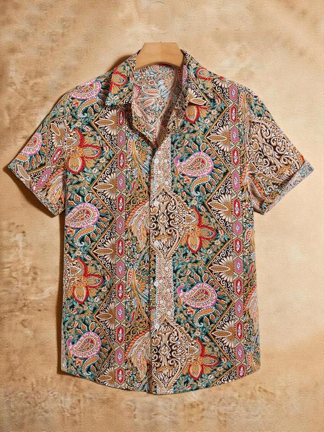 men floral paisley print short sleeve button up shirt