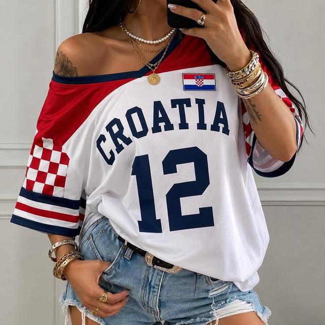 red white blue women off shoulder croatia checkerboard graphic jersey t-shirt