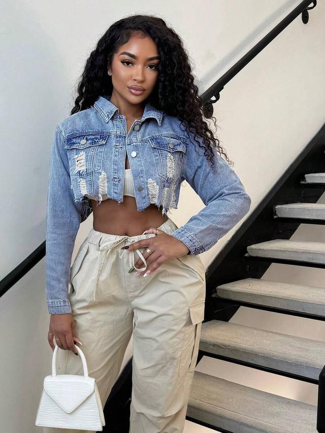 distressed light wash cropped denim jacket