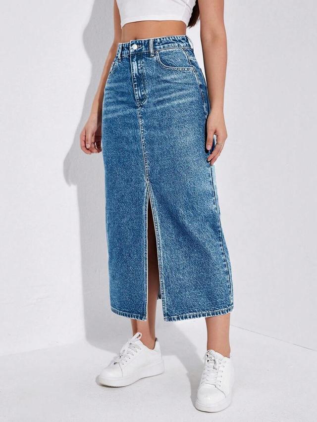 high-waisted acid wash denim midi skirt