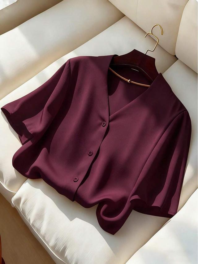 burgundy satin short sleeve loose fit blouse