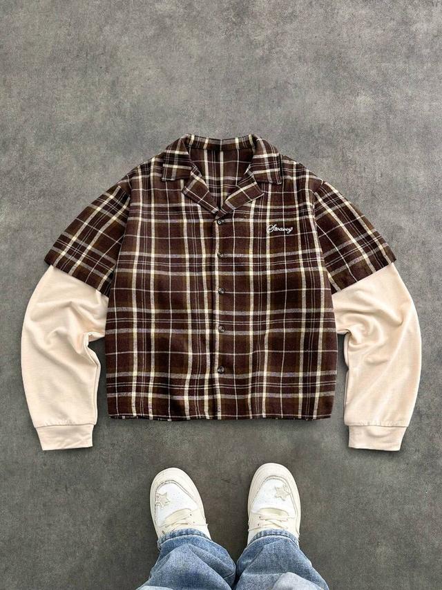 brown and cream plaid layered short sleeve shirt