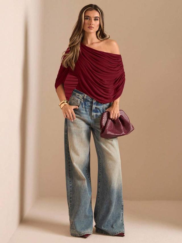 solid brown off shoulder ruched draped bodysuit