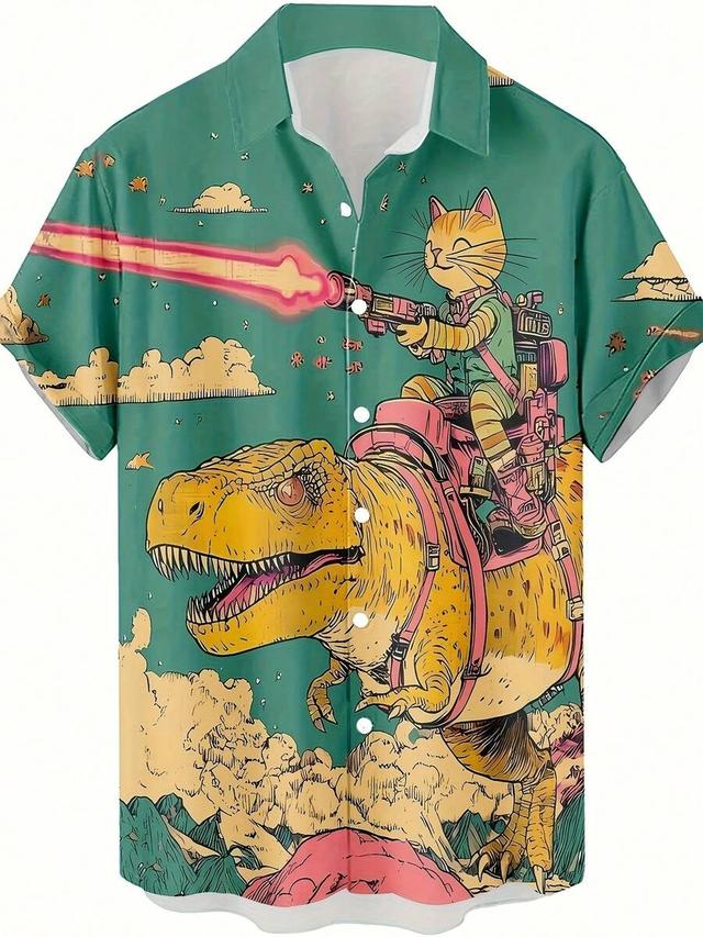 retro cartoon cat dinosaur print hawaiian shirt