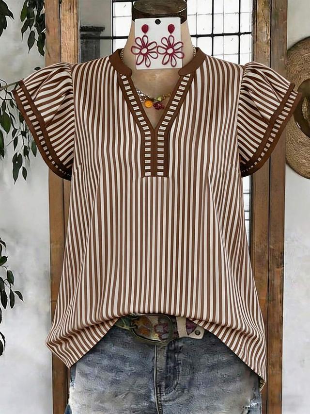 casual striped v-neck top with flying sleeves