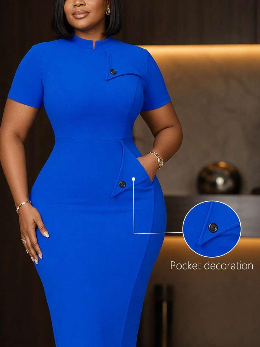royal blue tailored midi dress with button detail