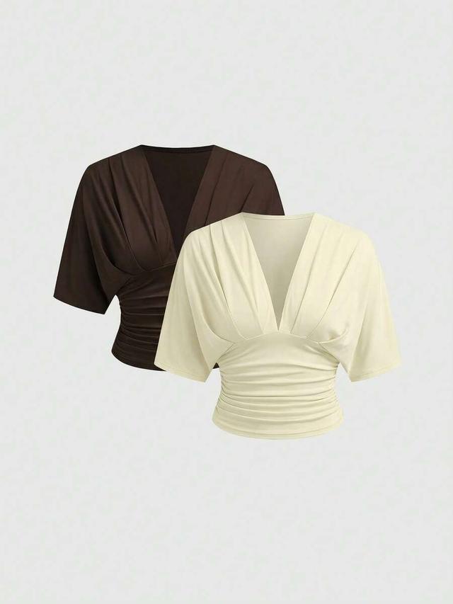 dark brown casual elegant deep v-neck ruched short sleeve top