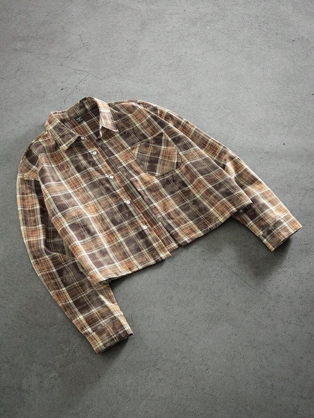 brown plaid cropped long sleeve flannel shirt