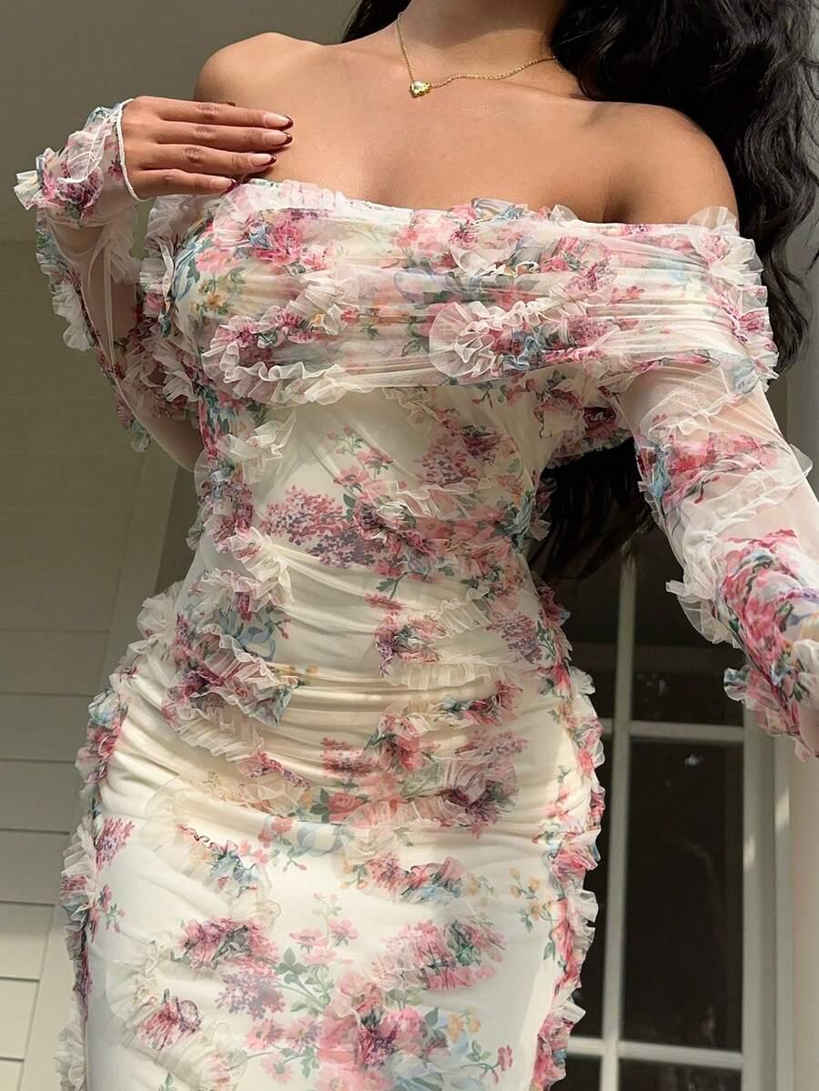 floral print ruffle off shoulder long sleeve maxi dress