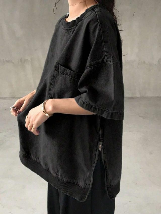 oversized washed black denim drop shoulder shirt