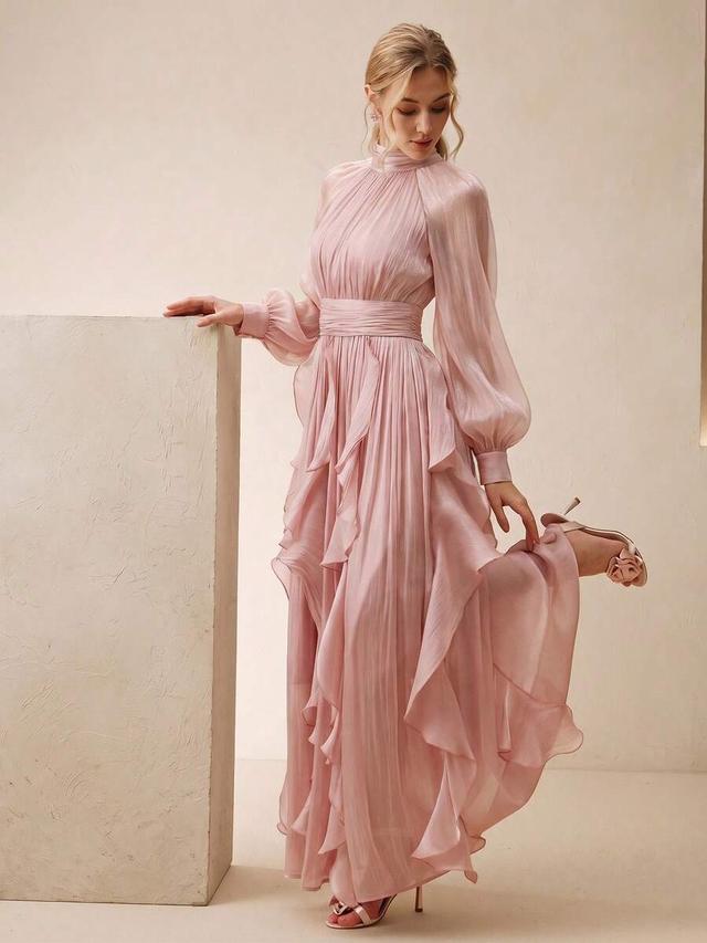 elegant pink long sleeve halter dress with wavy ruffles