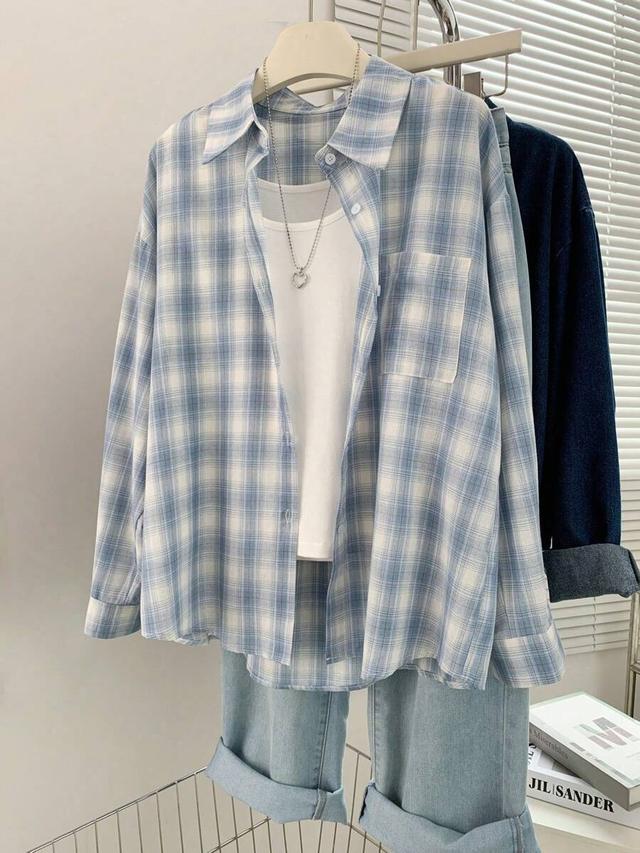 blue plaid loose casual long sleeve blouse