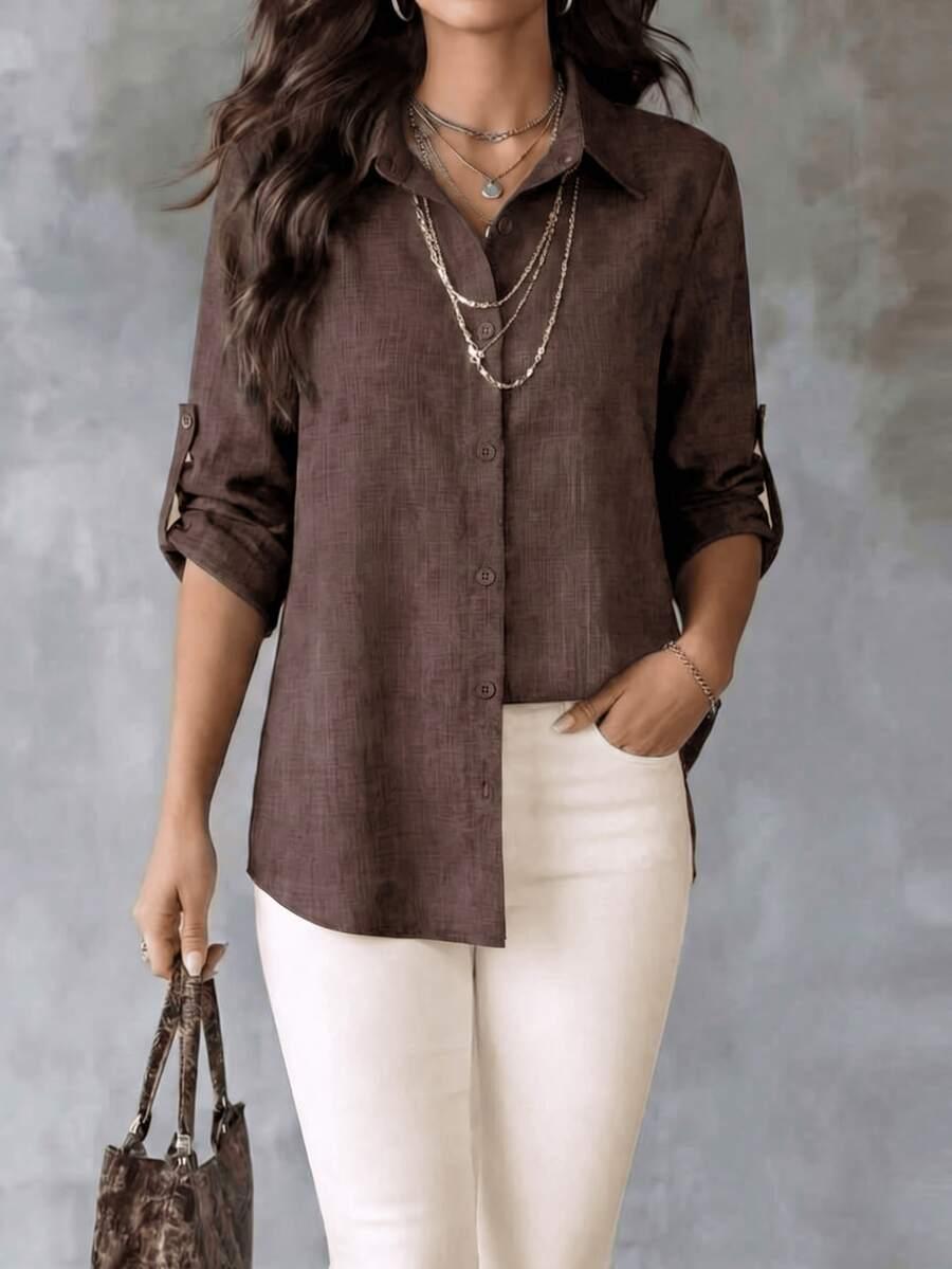 women's textured brown button-front collared shirt