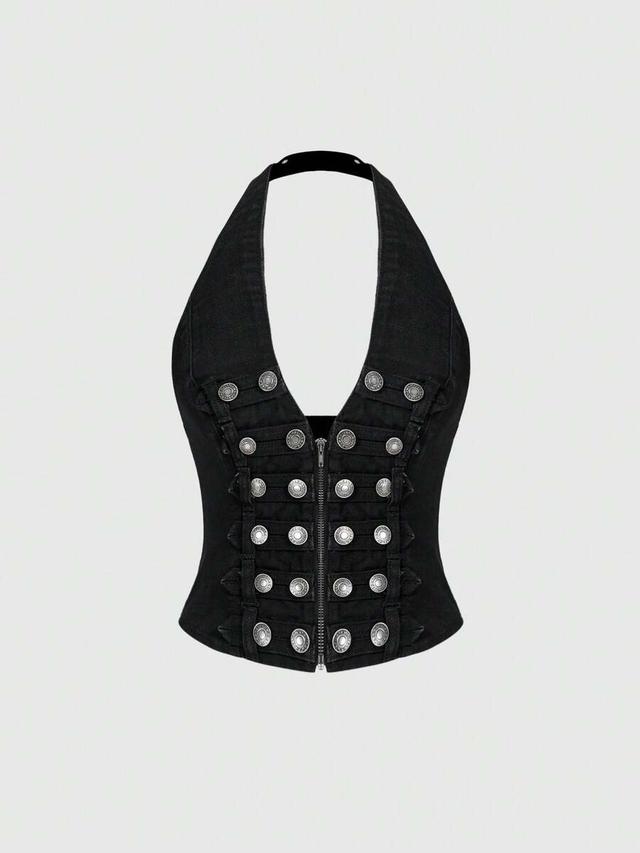 black distressed denim halter neck punk top