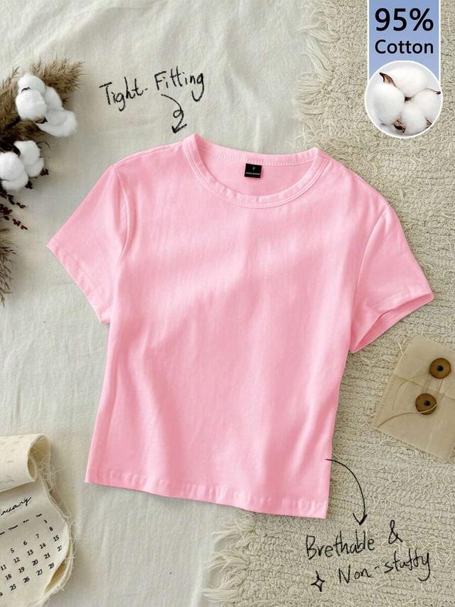 solid pink cotton round neck short sleeve tee