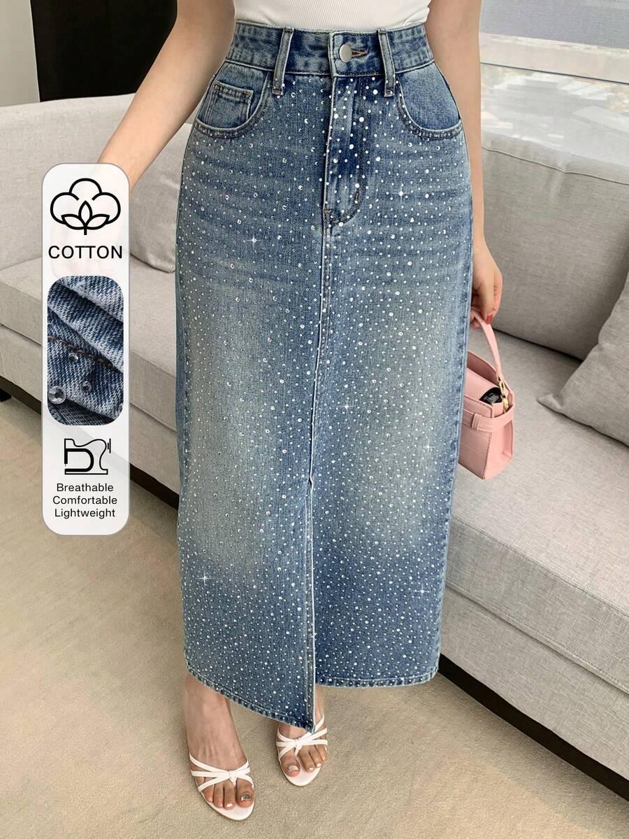 rhinestone embellished blue denim midi skirt