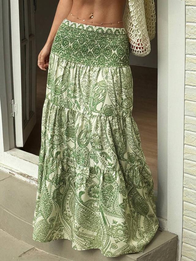 green paisley print bohemian tiered maxi skirt