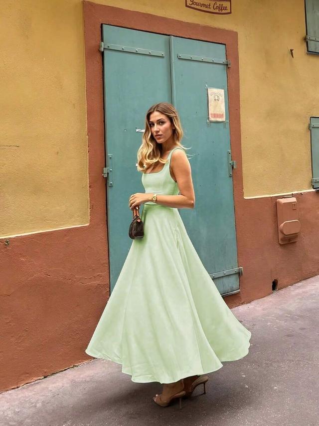 light green casual elegant woven square neck dress