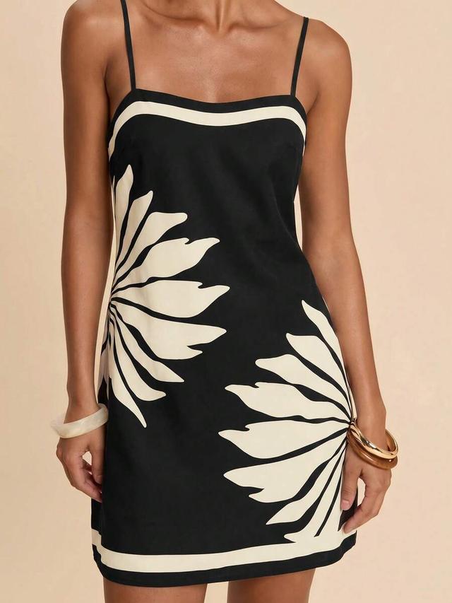 black and cream floral print spaghetti strap dress