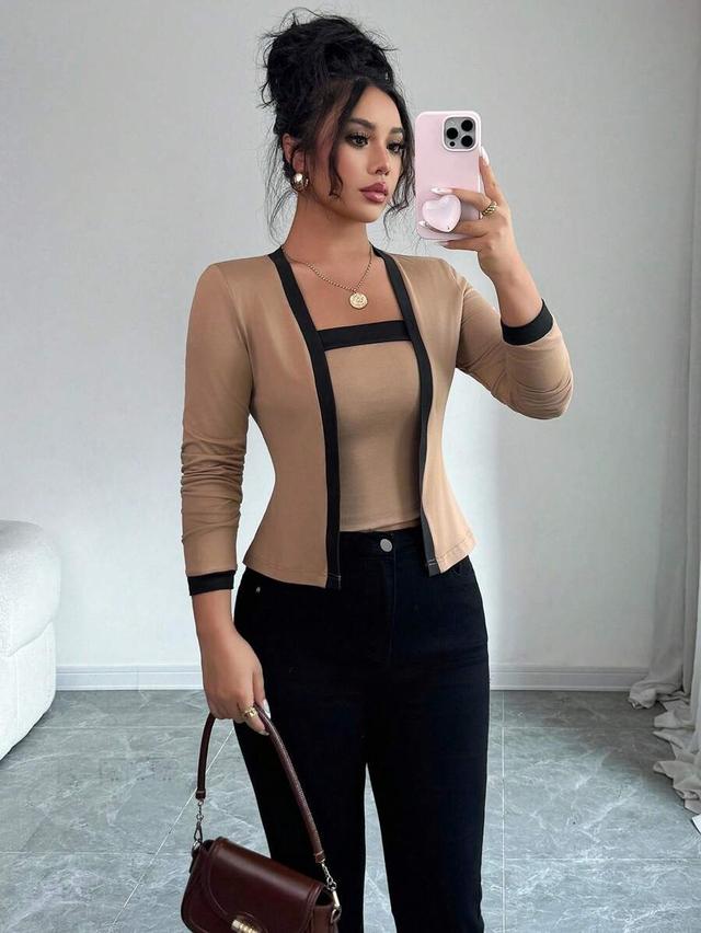 color block open front long sleeve top and camisole