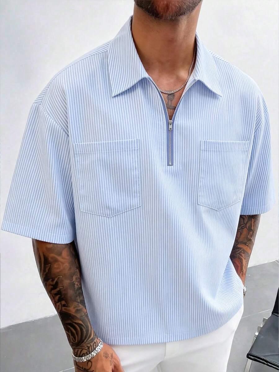light blue striped short sleeve zip-up casual shirt