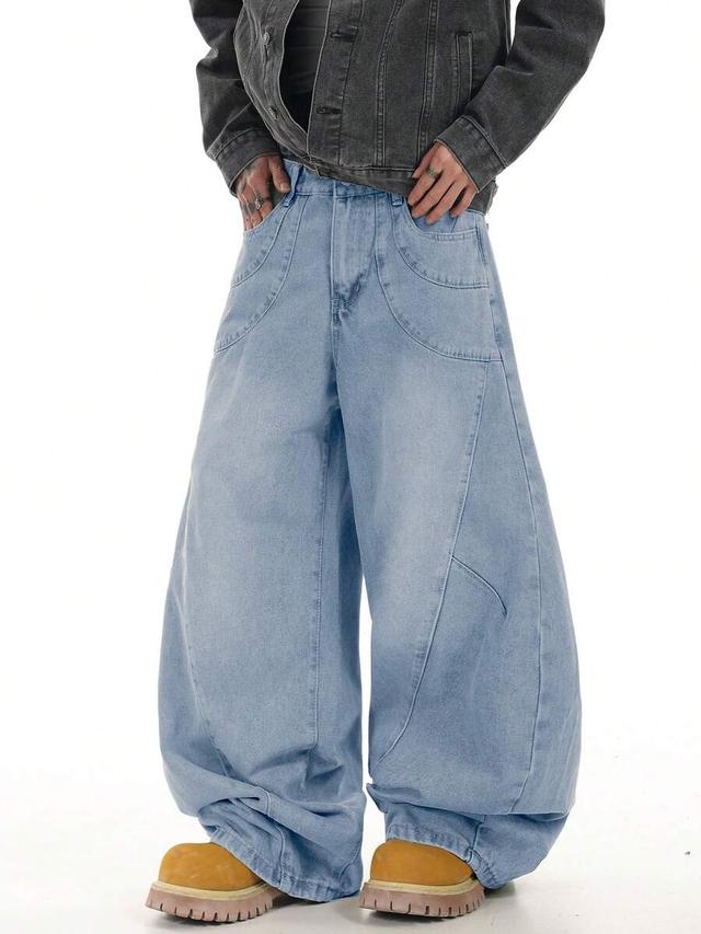 light wash distressed patchwork baggy barrel leg jeans