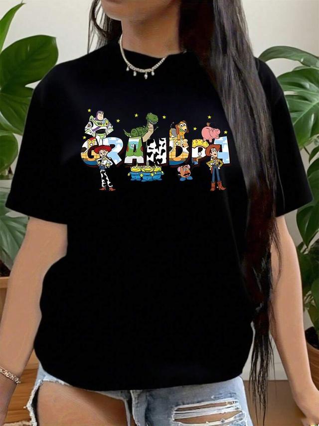 black cotton crew neck toy story graphic tee