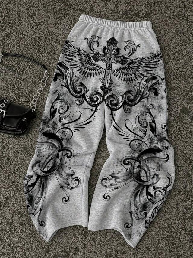 grey cross print elastic waist loose sweatpants