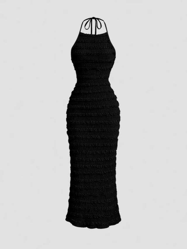 black pleated spaghetti strap lace maxi dress