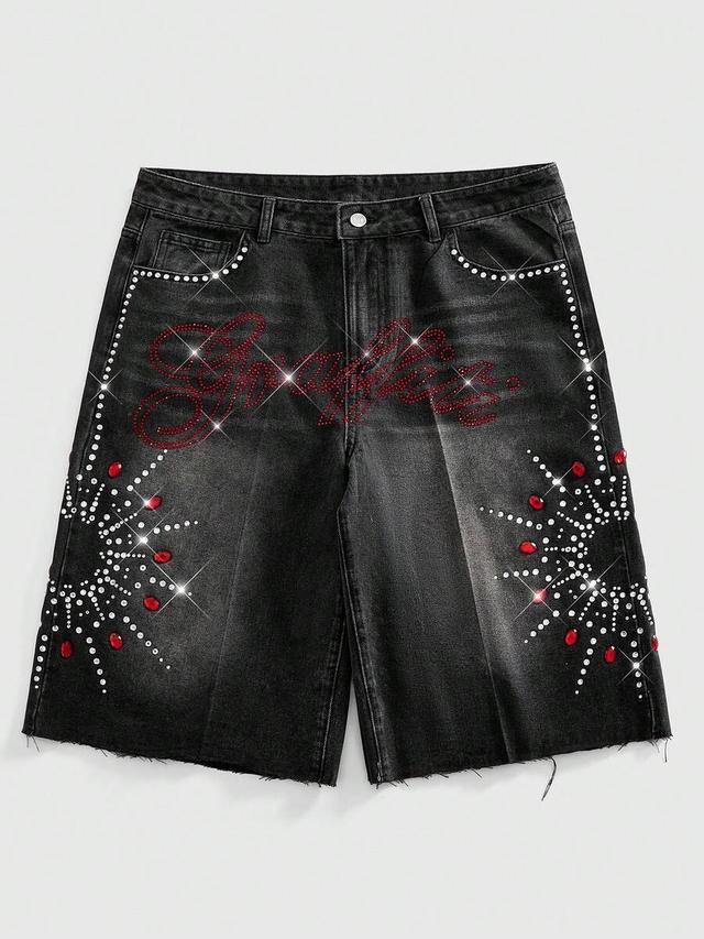 black denim shorts with red and white rhinestones