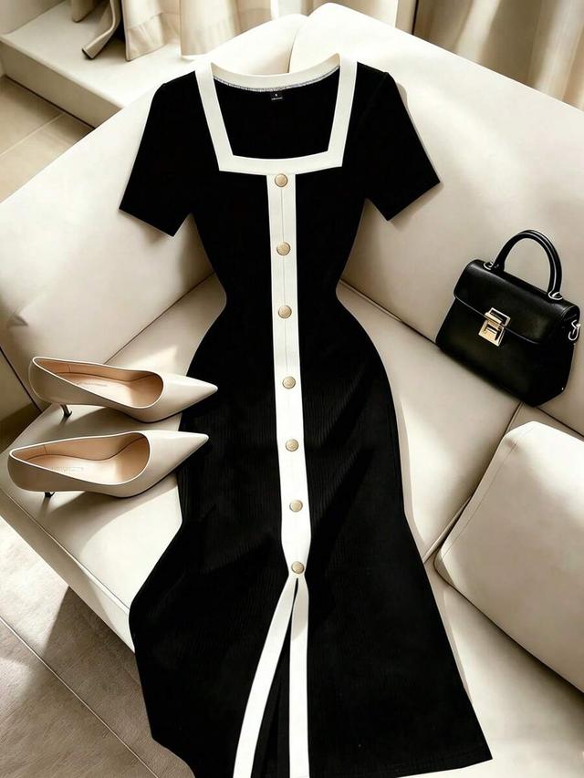 black and white elegant black and white color-blocked square neckline midi dress