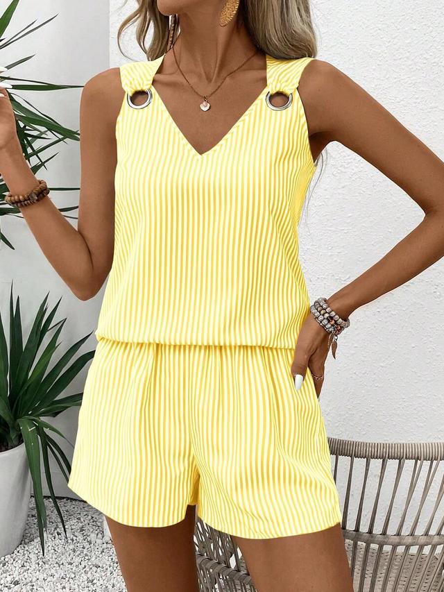 yellow striped sleeveless top and matching shorts set