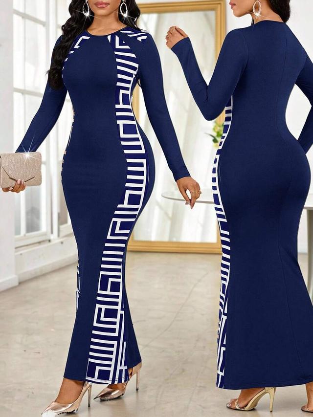 navy blue geometric print long sleeve fishtail dress