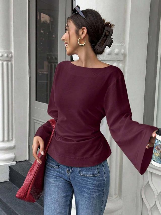 dark burgundy waist cinched flare sleeve blouse