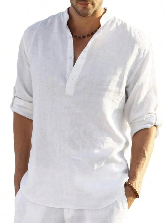 white linen blend mandarin collar henley shirt