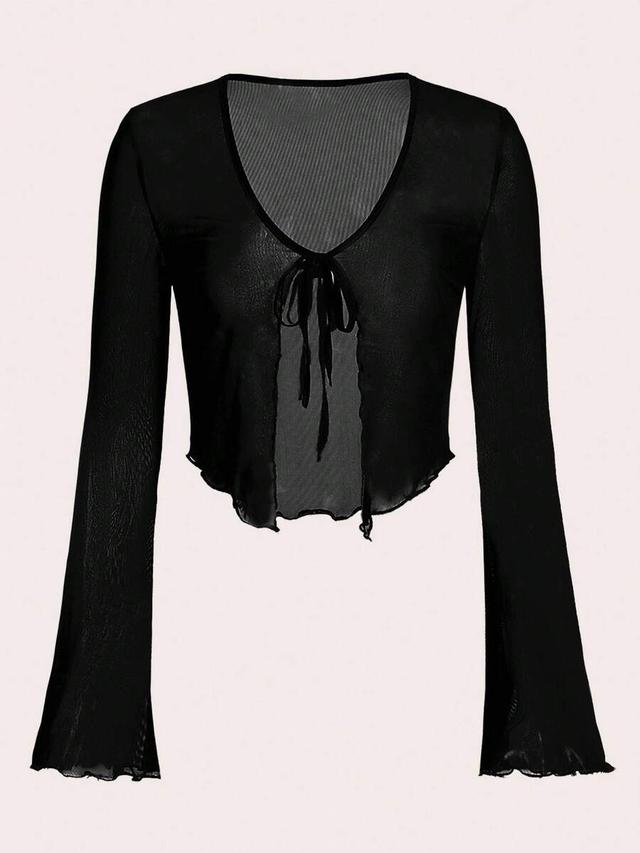 black mesh tie front flare sleeve lettuce trim top