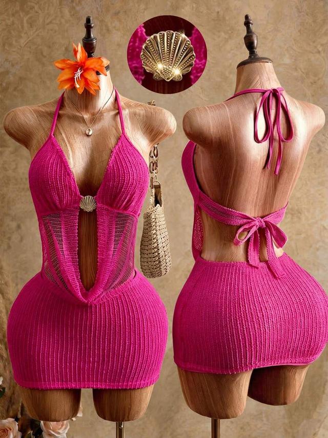 fuchsia pink halter neck knitted mini dress