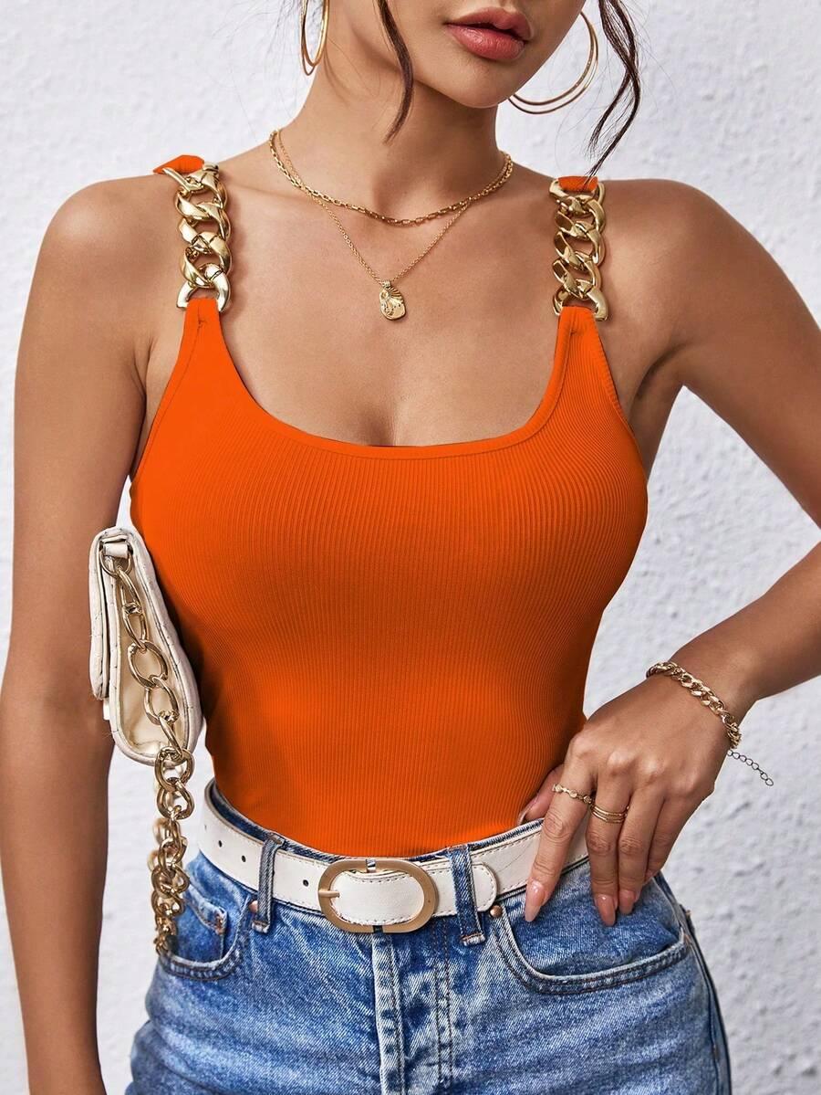 nostanoir orange ribbed tank with metal chain straps