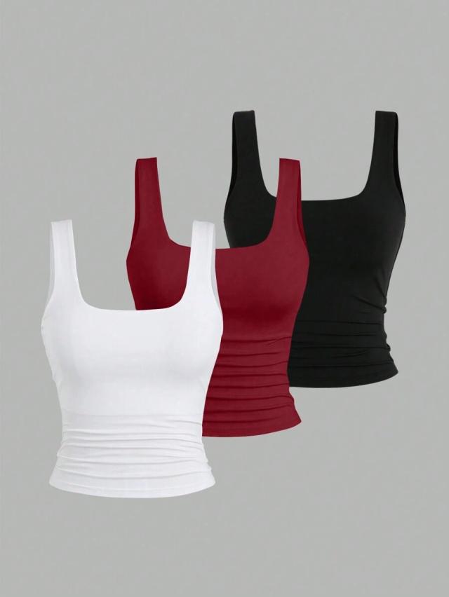 white square neck ruffle trim fitted tank top