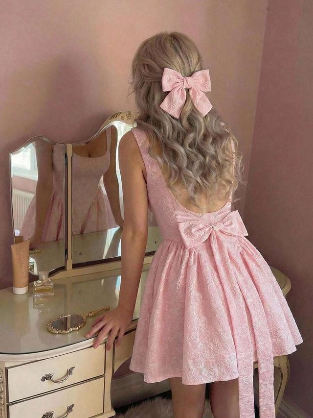 pink vintage lace backless bow mini dress