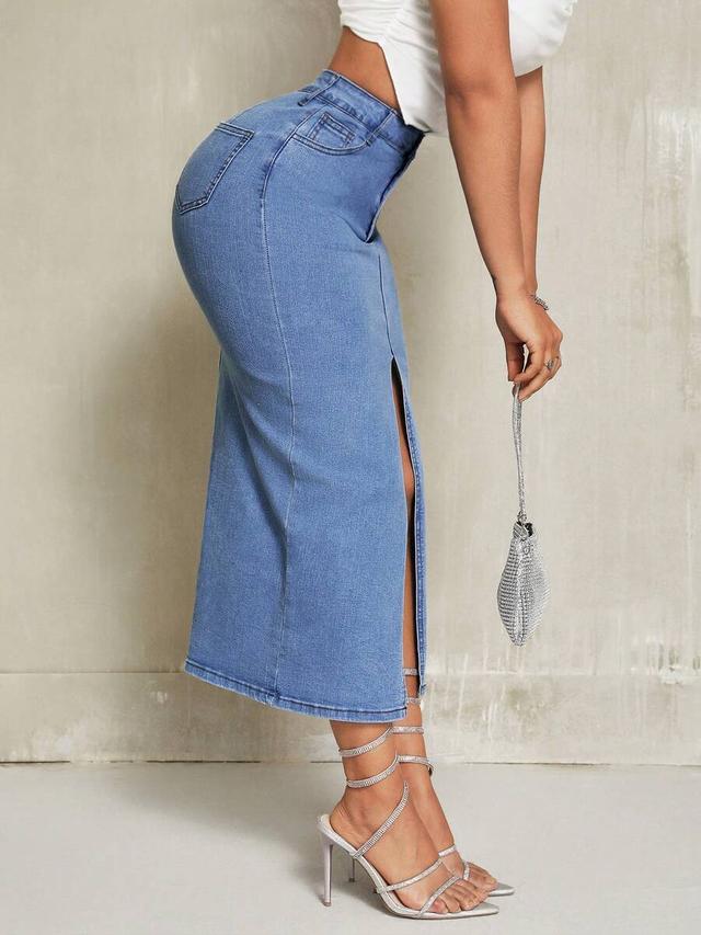 high-waisted denim midi skirt with side slit