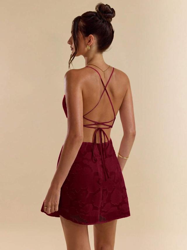 burgundy textured jacquard open back mini dress